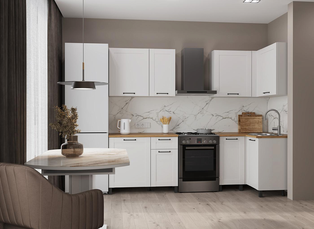 Кухня Аризона белый/столешница дуб вотан/ДВПО белый/профиль ПВХ белый О